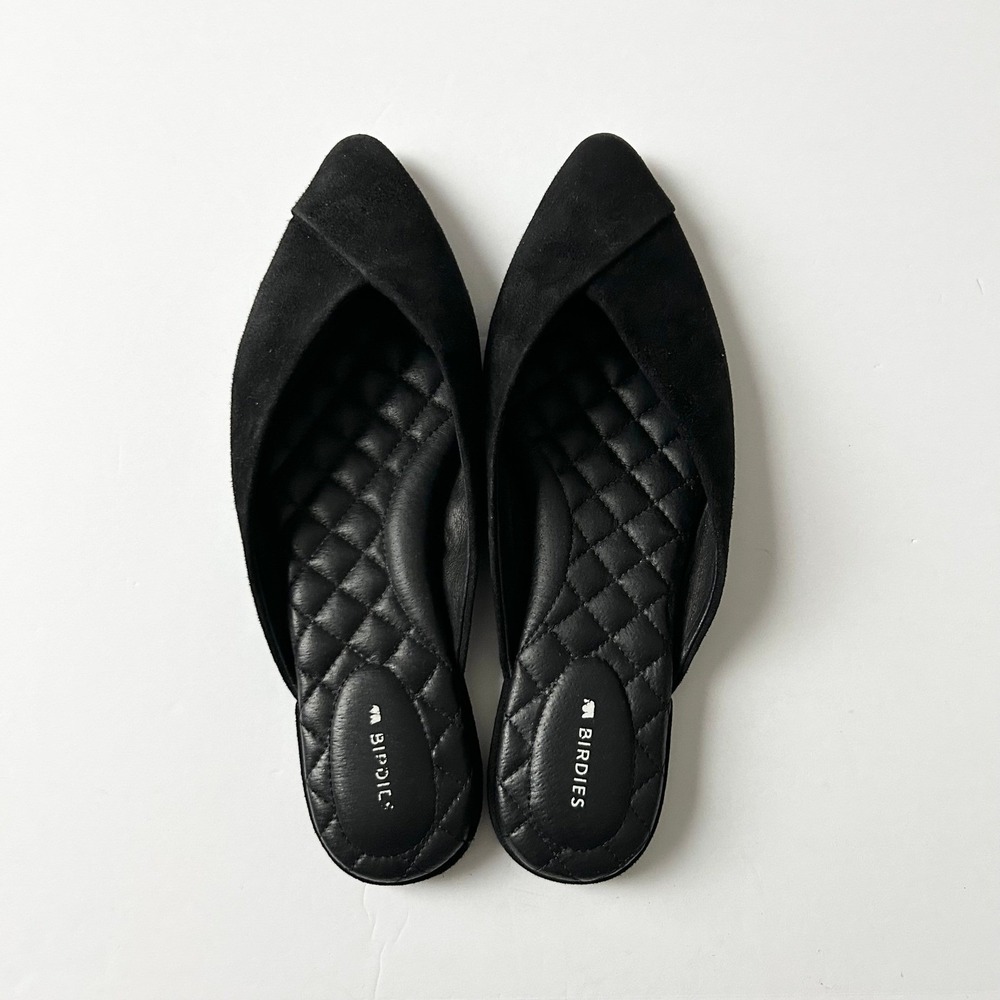 Birdies The Swan Black Suede Pointed Toe Mules Flats Womens Size 7 SlipOn